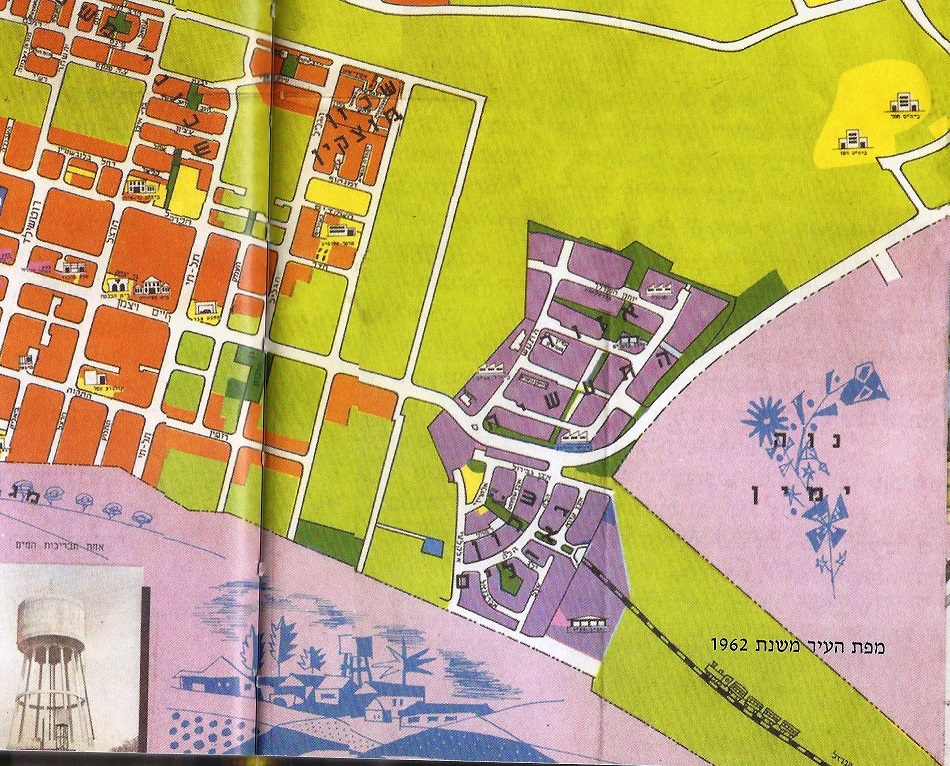 Photo of map of Kfar Sava that shows where the goods train railway was situated in 1962